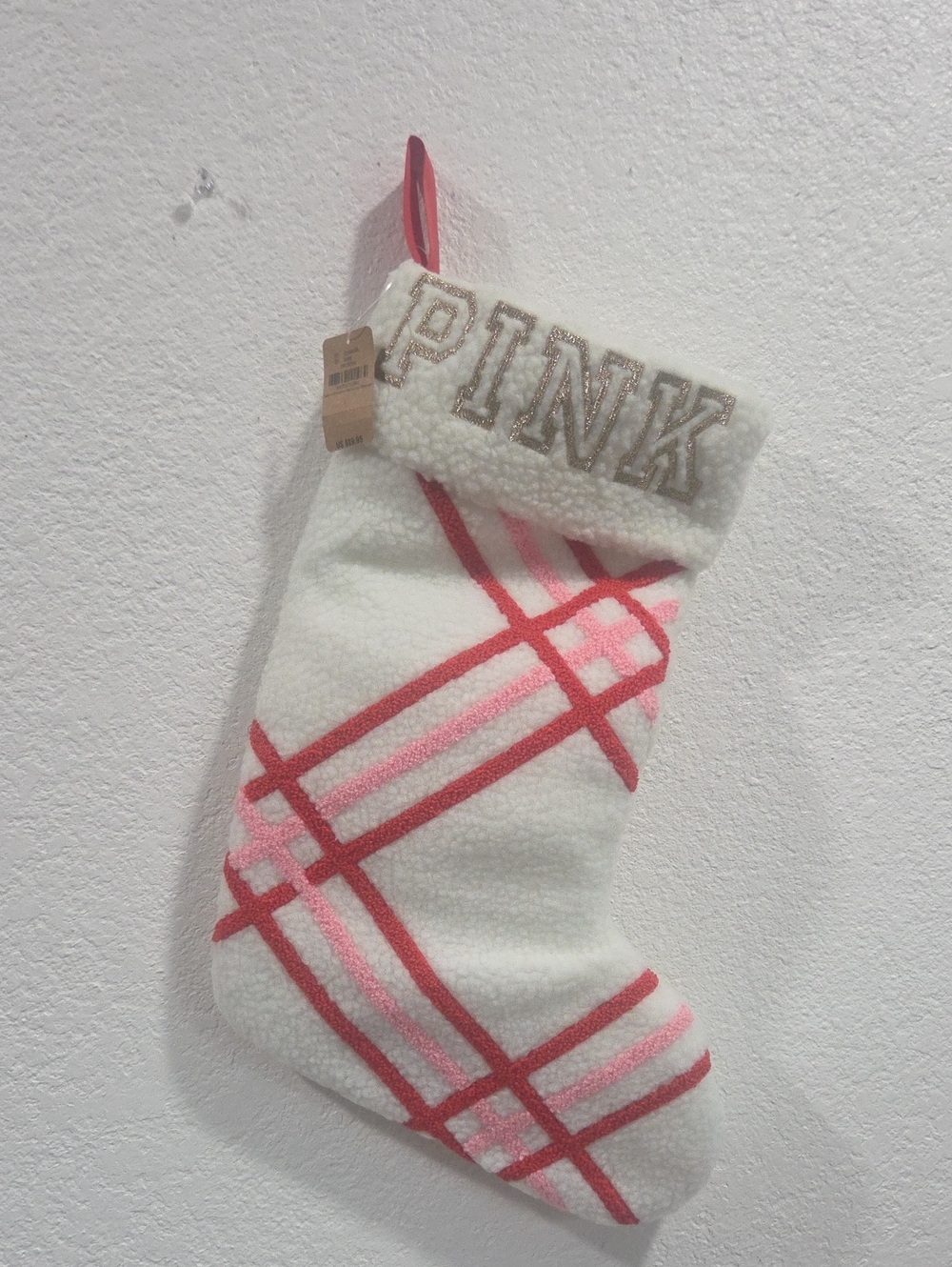 PINK Sherpa Plaid Holiday Stocking in White and Pink
